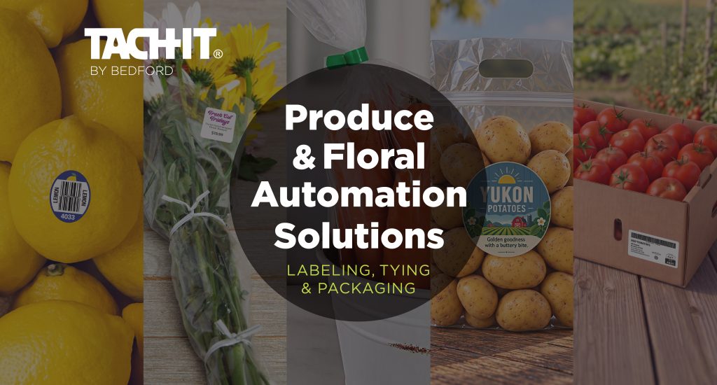 Tach-It produce and floral automation solutions featuring labels, bag ties, packaged potatoes, lemons, flowers, and tomatoes.